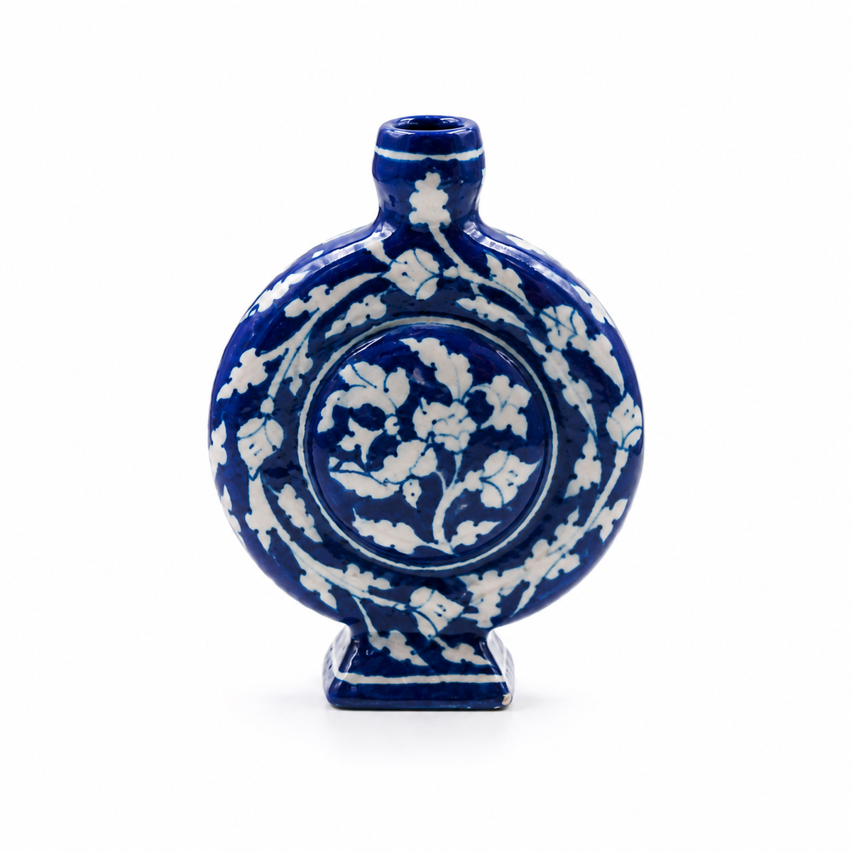 Blue Pottery Jaipur Flat Bottle Vase – Floral Motifs